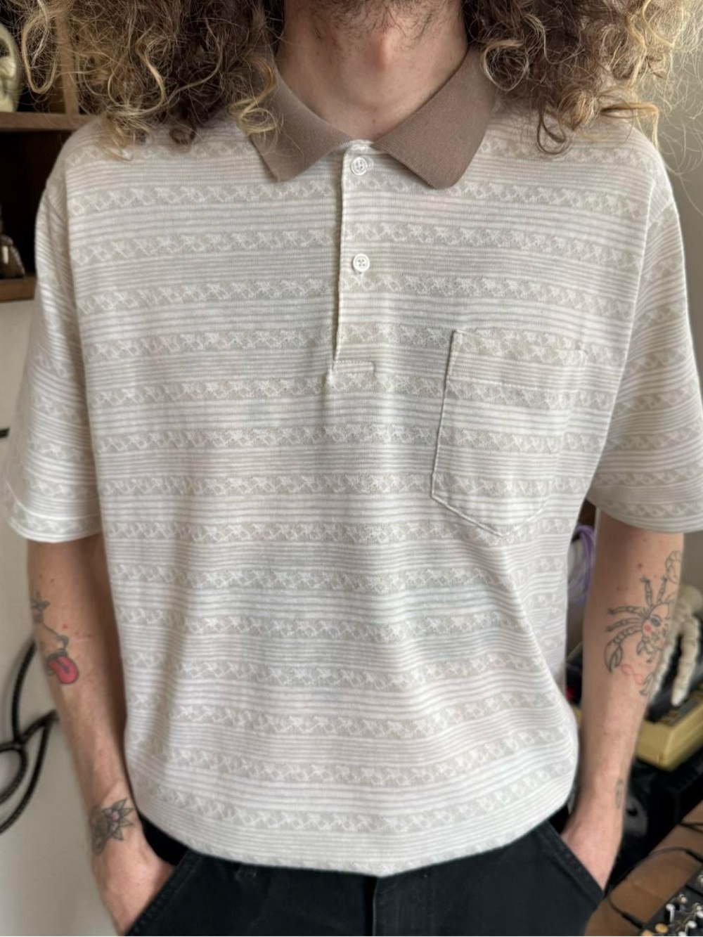 Vintage 80s Cream & Tan Striped Semi Sheer Knit Polo ~ Size Medium